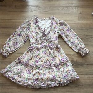 Women’s Deep V-Neck Floral Long Sleeve Mini Dress - Button Back Keyhole Size XS